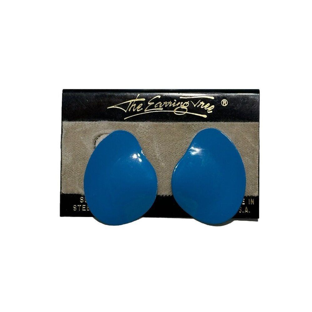 80s EARRING Blue Wavy Circle Surgical Steel Post Back Retro Vintage